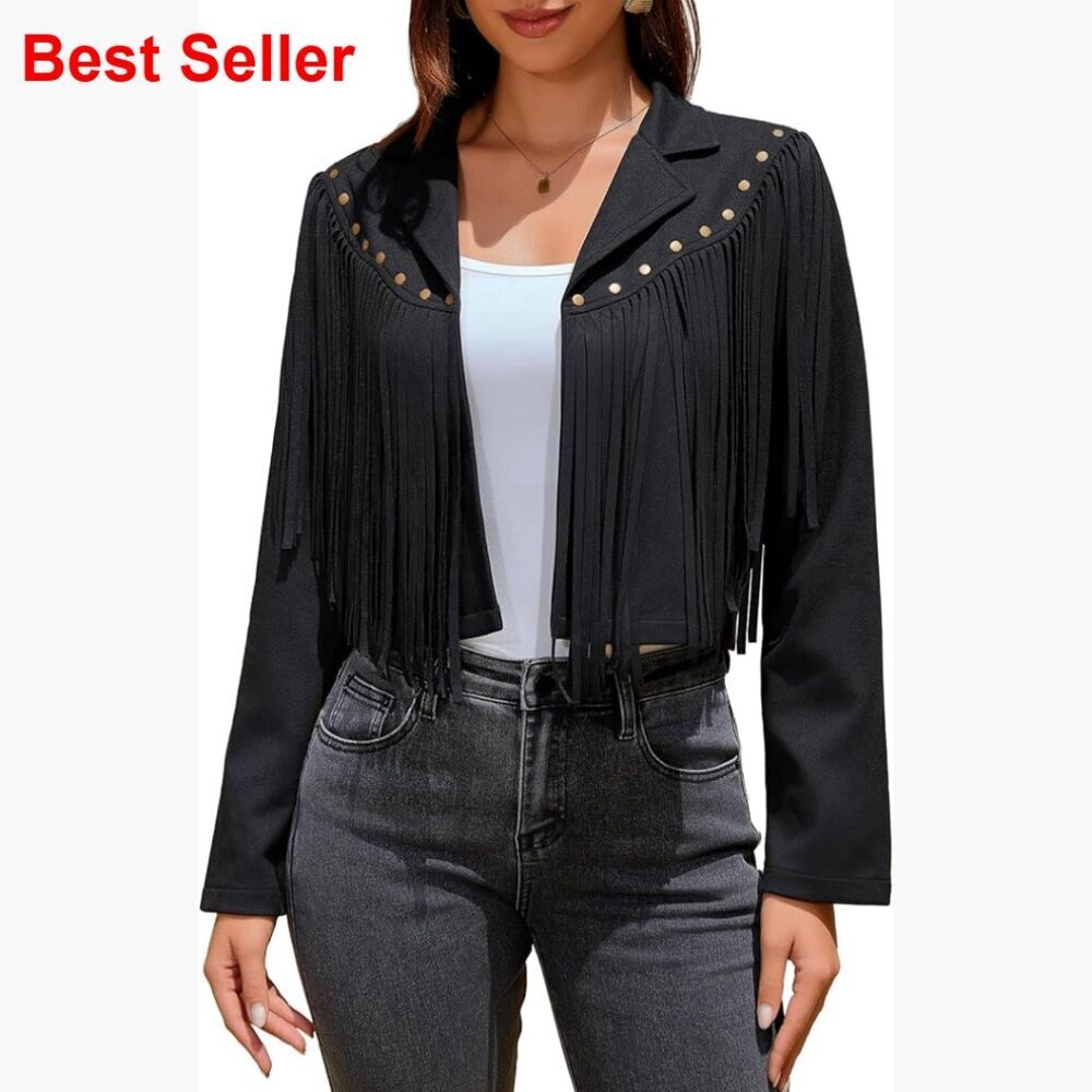 Faux Suede Leather Fringe Jacket with Rivets Cropped Western Style
